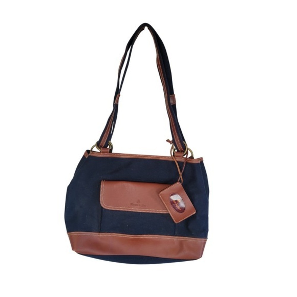 Etienne Aigner Canvas Shoulder Tote Bag Purse Navy Blue Brown
